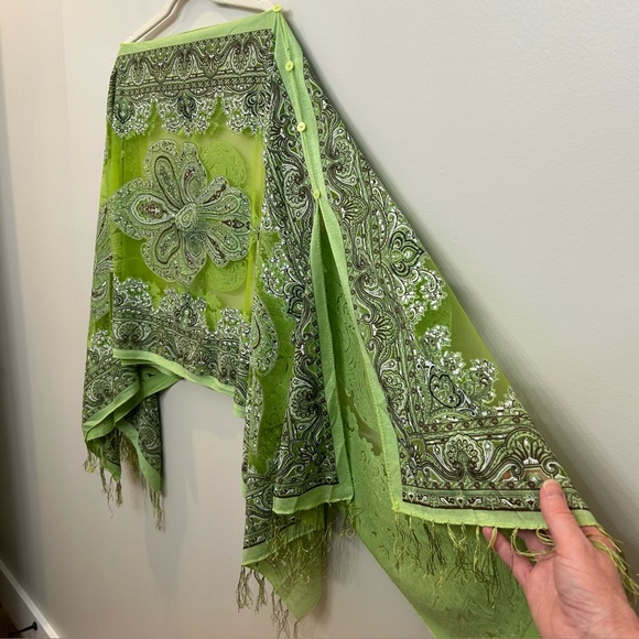 Green Sheer Kimono Kraften Paisley Design Fringe Sparkle Free Size Fairy - Picture 6 of 7